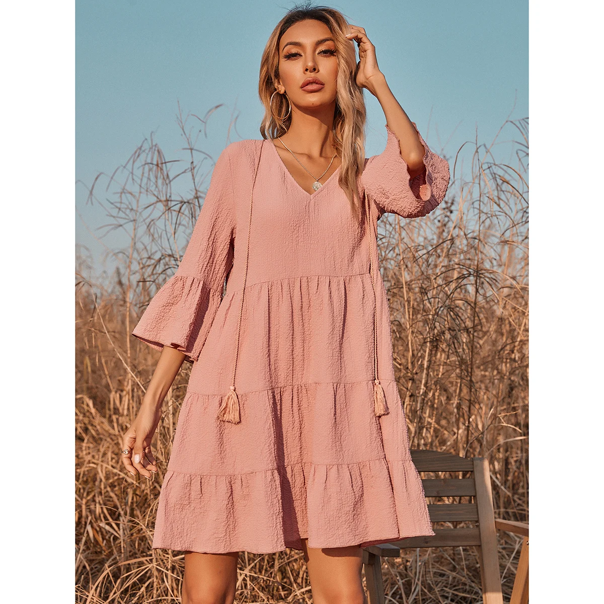 
2021 New Arrival Casual Dresses with Lotus Leaf Sleeve V-Neck Polyester Summer Dress Solid Color Women 