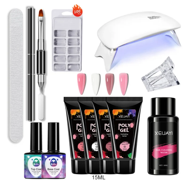 Acrylic gel kit 12pcs/Set Clear Jelly Nail Tip Form With Brush&Clip&Lamp&Base Top Coat Cleaning Liquid Nail Art Tools