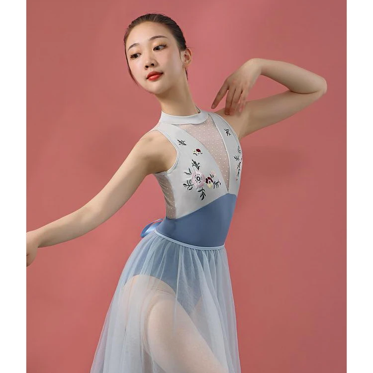High Neck Collar Floral Embroidery Tank Leotards For Girls Sleeveless Bodysuit For Ballet Training Dancewear