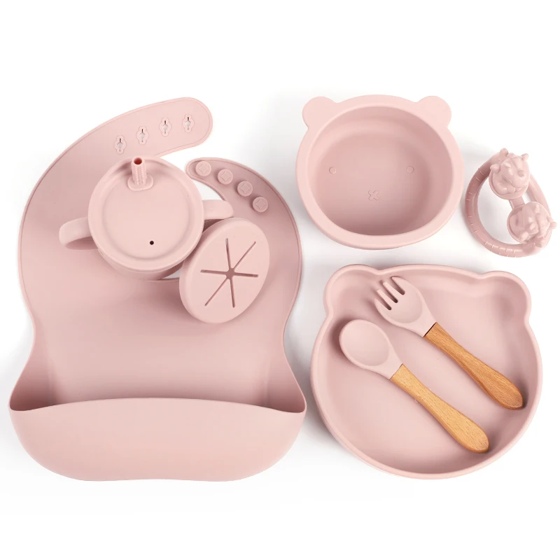 2021 latest Baby silicone Bib plate bowl set anti scald silicone plate with fork and spoon,baby bowl