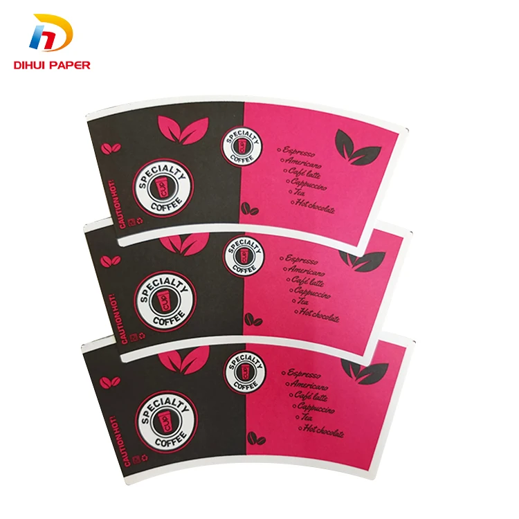 Custom pattern size cut disposable waterproof and oilproof flexo craft coffee tea fan paper cup fan 12 oz sheet