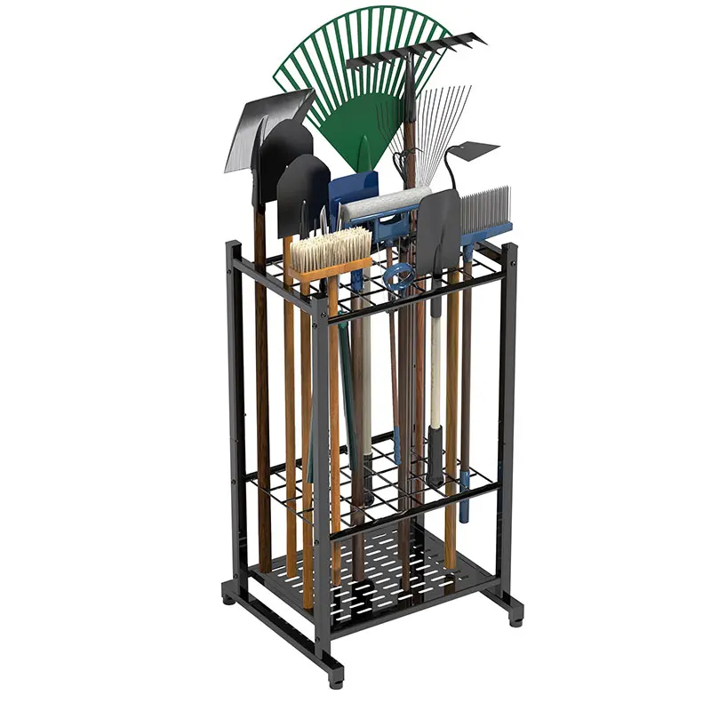Heavy Duty Garden Tool Organizer Rack with wheel Outdoor Storage cart to 35 Long-Handled Rakes Brooms Stand for Garage Yard Shed
