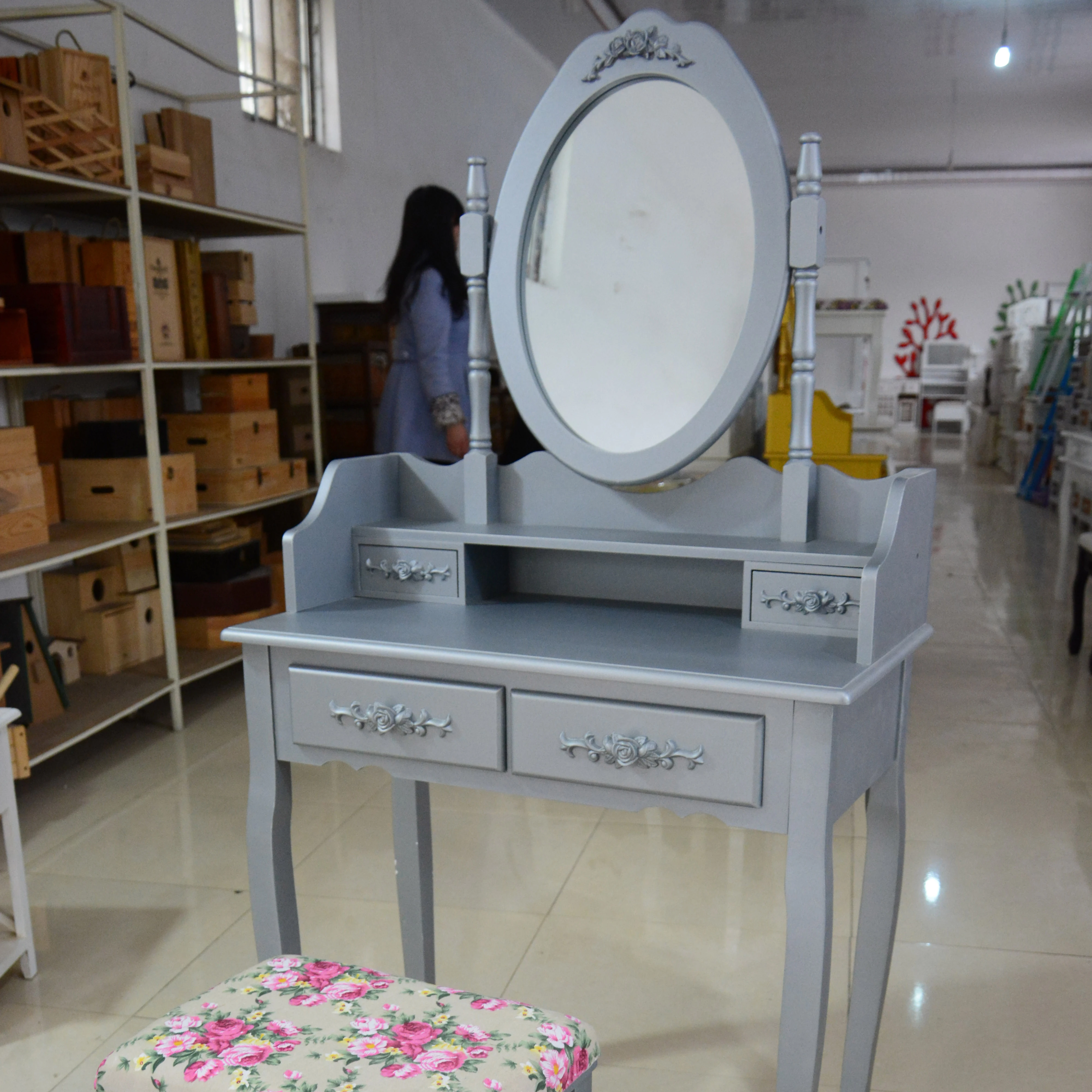 French style oak gray bedroom furniture dresser with mirror drawer