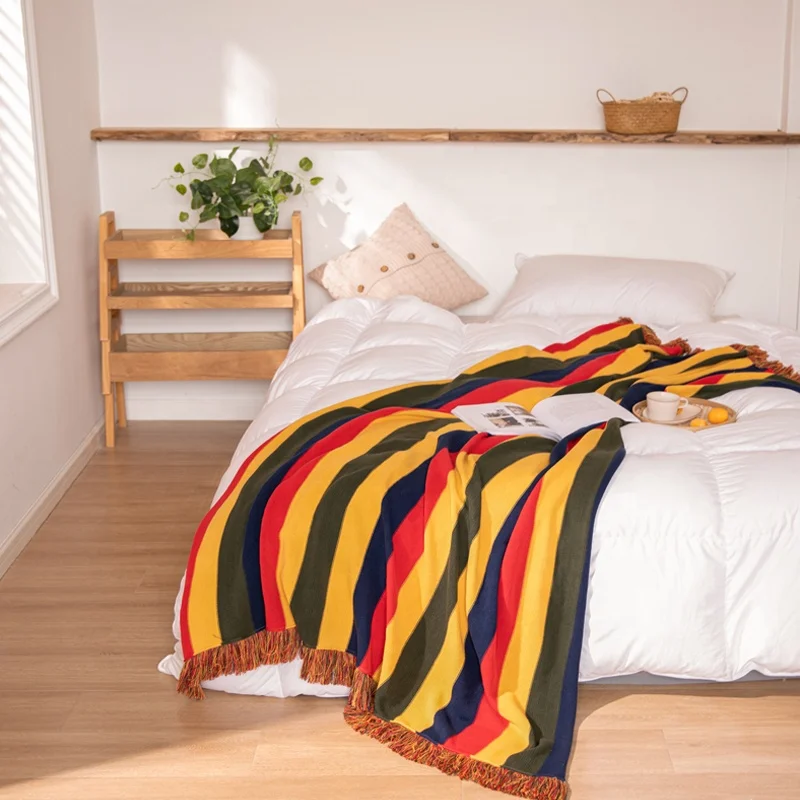 High Quality Bohemian Style Colored Stripes Jacquard Cotton  Knitted Throw Blanket  For Home Decoration And  Picnic  MY