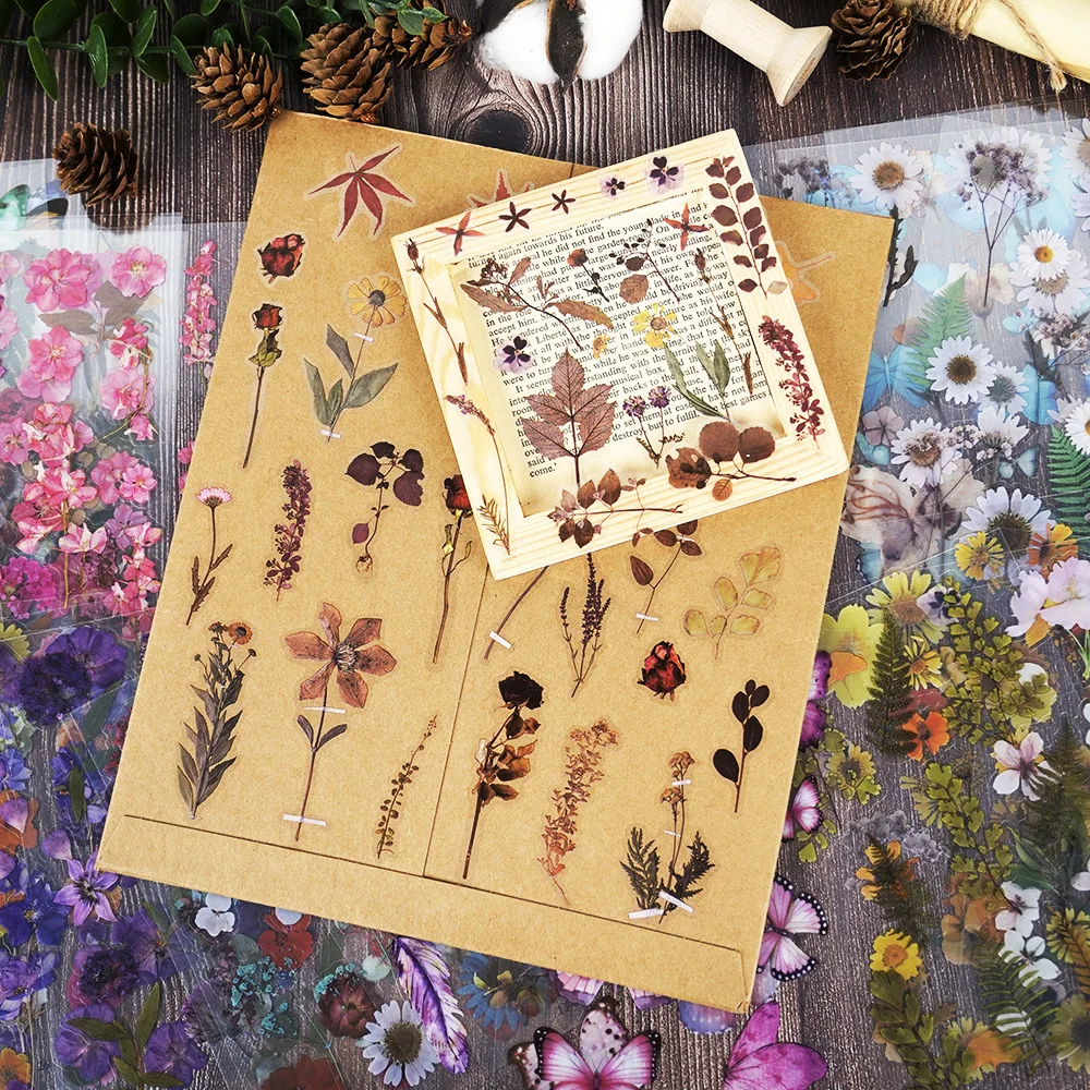 Pressed Flower Themed Stickers Dried Floral Resin Stickers Decals Botanical Journaling planner clear PE Sticker for Junk Journal