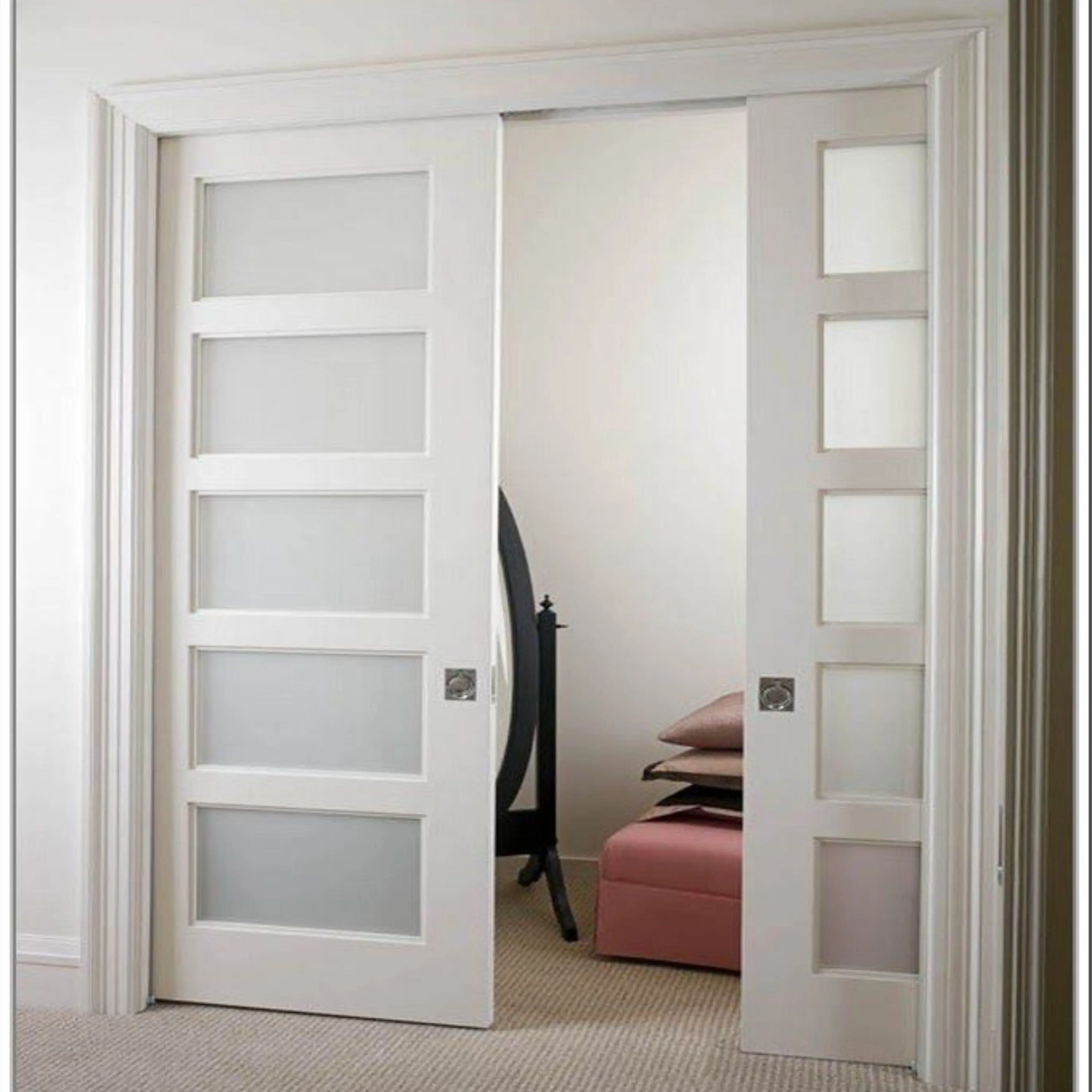 Single Panel Solid Wood Frosted Tempered Glass Pocket Doors Interior for Houses