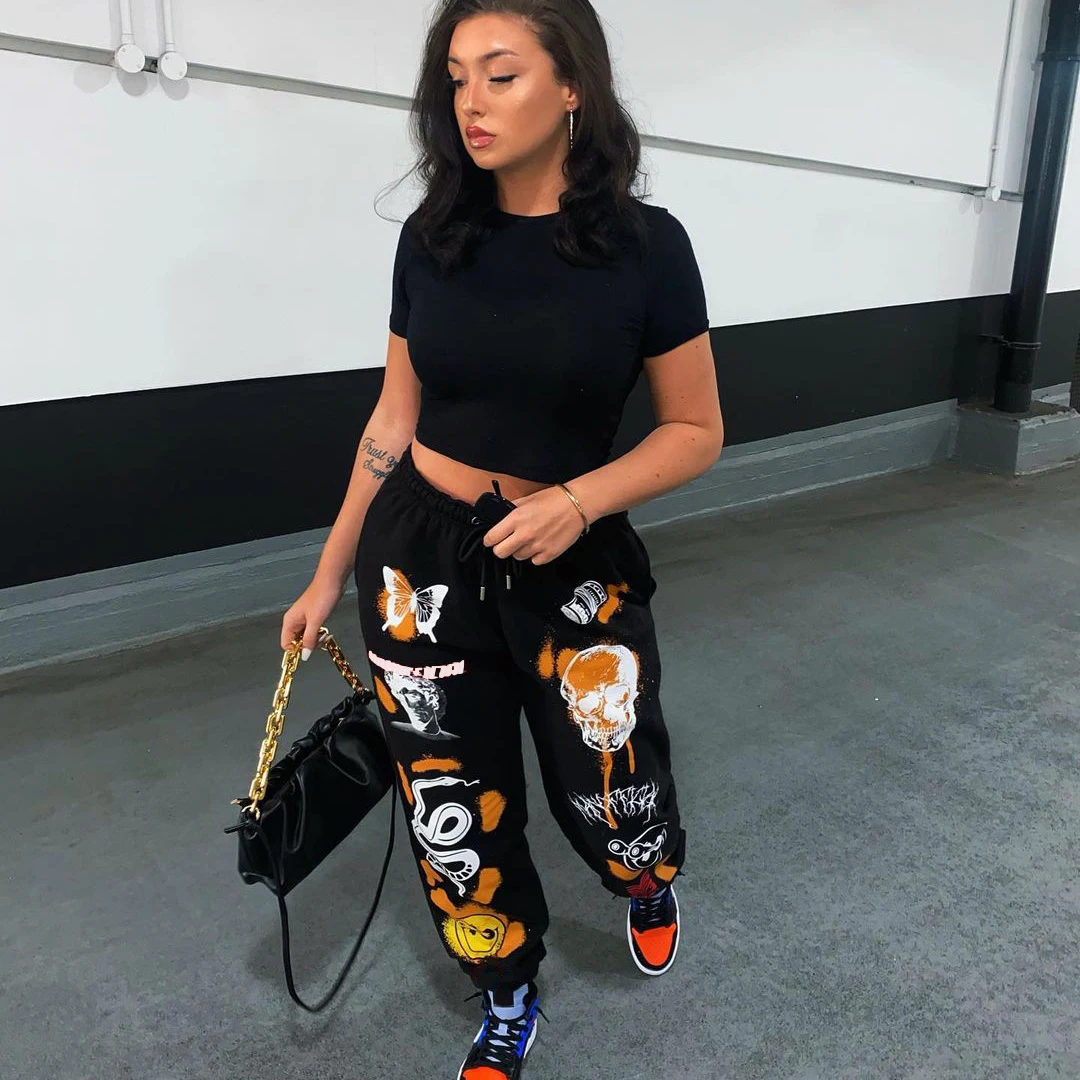 
Woman clothing 2021 Fall Pattern Joggers Pants Printed women Sweatpants casual Jogger cargo dress Track pant wholesale 8009 