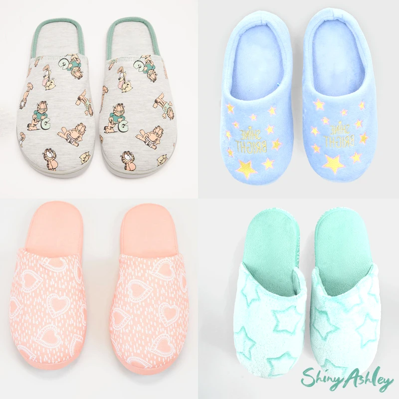 New arrival women flat slippers cute daily fuzzing indoor slippers half pack cut flowers foil print women indoor slippers