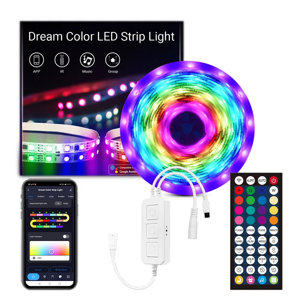 
Smart LED Strip Lights 16.4 Feet RGB Dream Color 2811 LED 5M 150LEDs IP65 Waterproof DC 12V RGBIC 44Key Remote Phone APP Control 