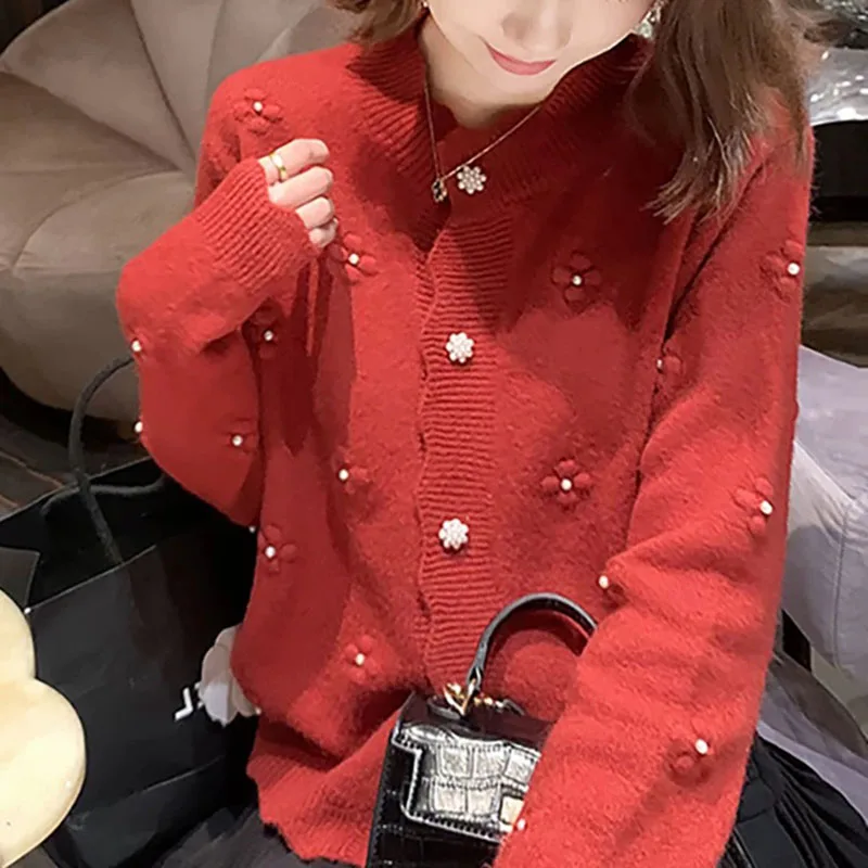 Flower Sweater Jacket nail Bead Knitted Cardigan japanese College Style Sweater