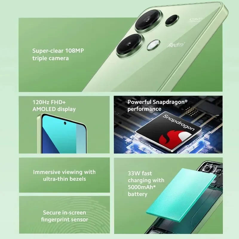 Wholesale Redmi Note 13 Globale versione Smartphone Snapdragon 685 108MP fotocamera 120Hz AMOLED Display 33W ricarica