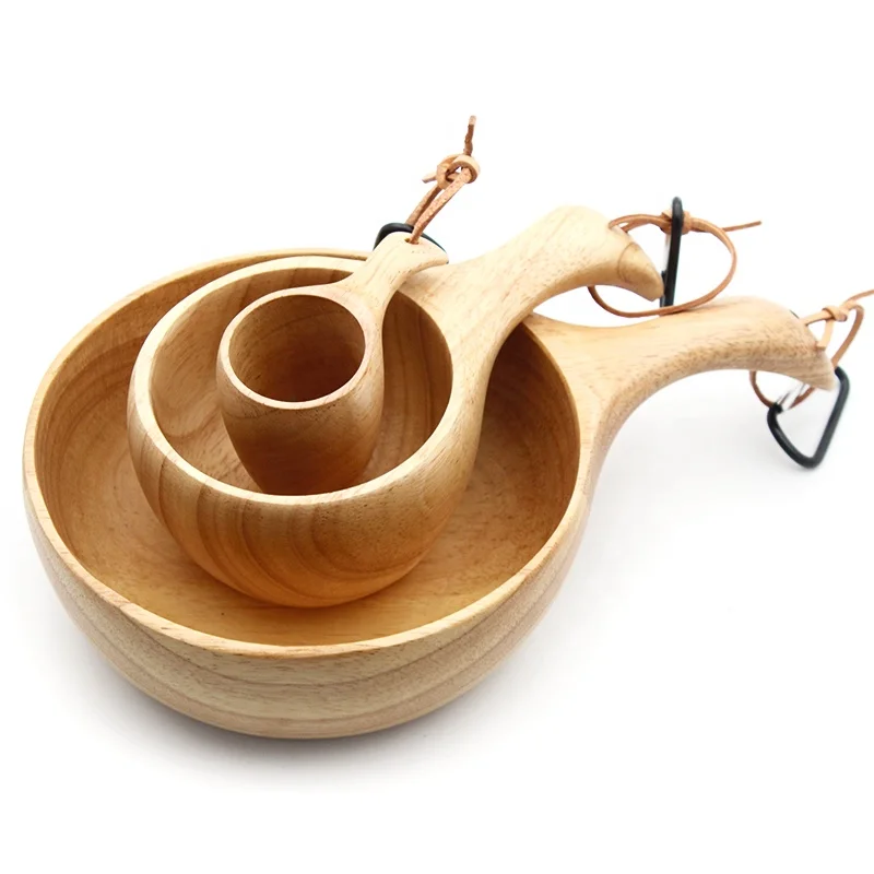 Outdoor Rubber Wood Kuksa Nordic Style Tableware Set Camping Wooden Coffee Cup Salad Bowl Mug Kit