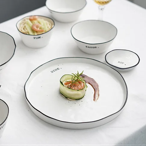
Nordic Wholesale Hand-Painted Underglaze Black Line Ceramic Tableware Set Simple Dishes Household Dinnerware Western Dinner Sets 