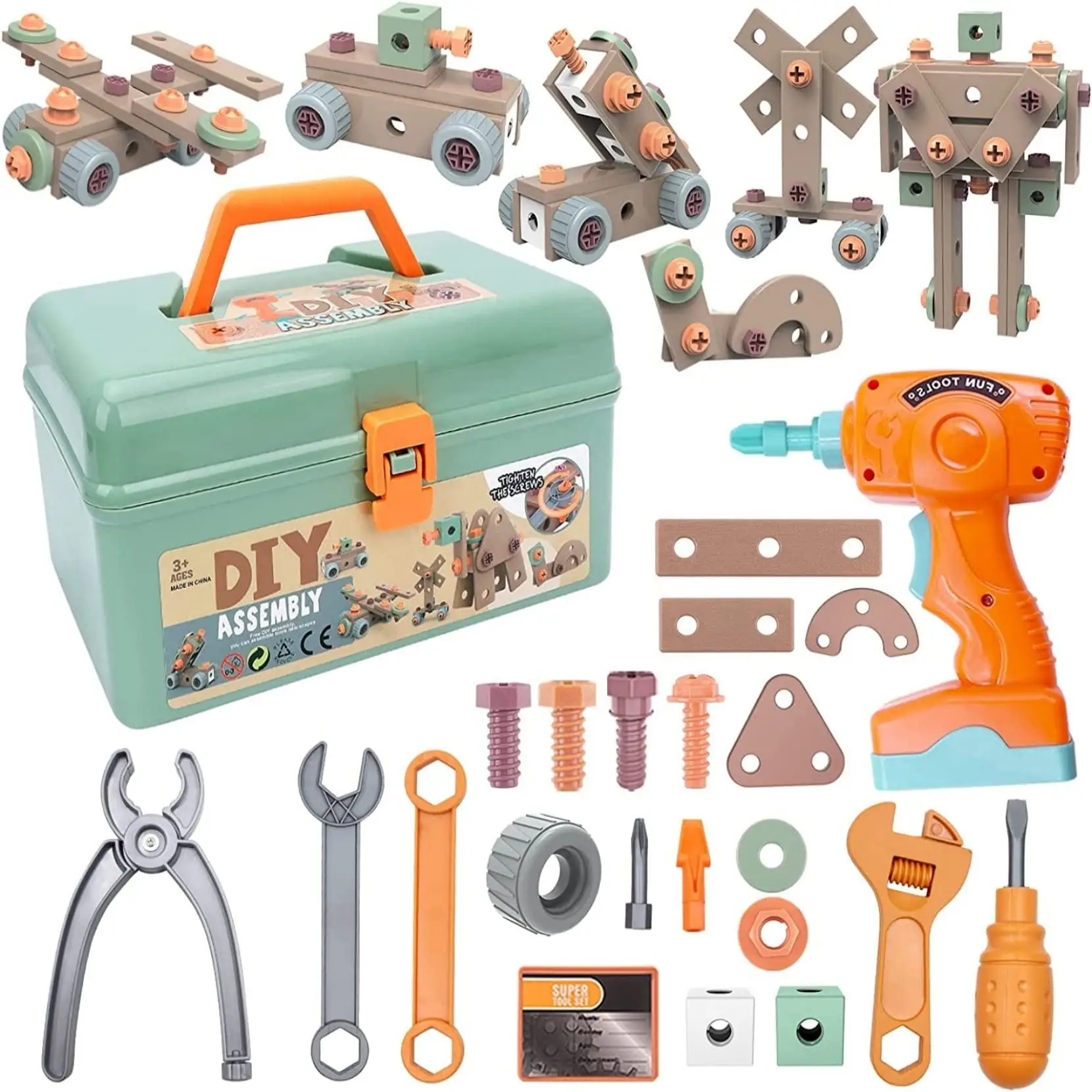 Educational Building Blocks Kids Power Tool Box Set DIY STEM Building Toys Kit 144PCS Electric Drill  Tool