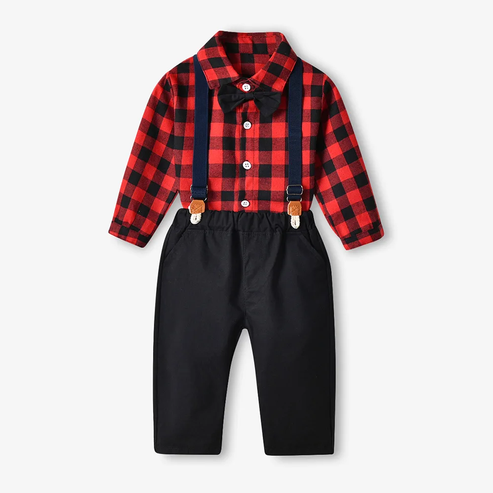 BEIBEIHAPPY Factory Direct Sale Party Boy Dressing Suit Kids Checkered Blouse Gentleman Style Children Formal Clothes Sets
