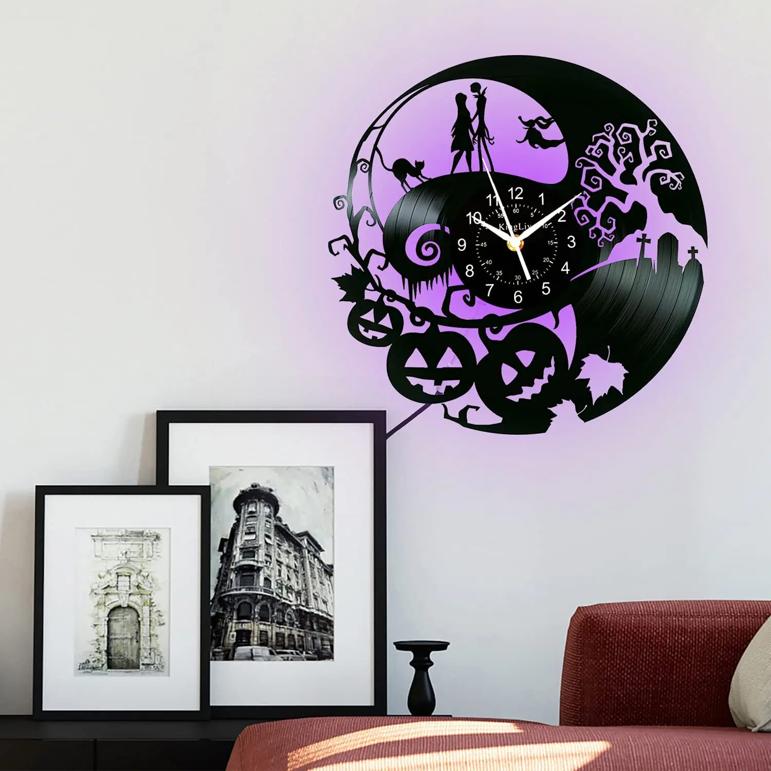 Jack and Sally Decor 7 Color Luminous Wall Clock Vinyl Clock for Room Living Room Bedroom Nightmare Before Christmas Gifts