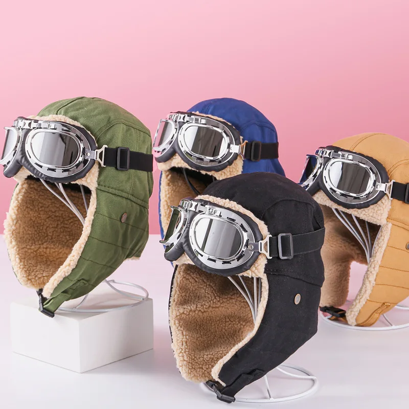Vintage Aviator Hat and Goggle-s Costume Accessories Fur Ear Flaps Trooper Trapper Pilot Cap-s for Men Women