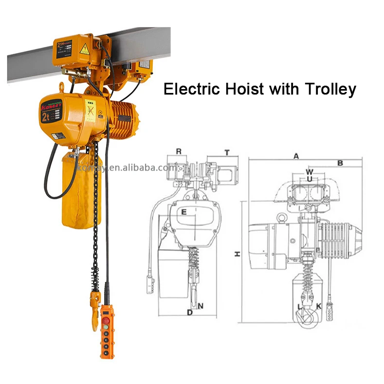 1 2 3 5 10 Ton 380V/220V 3 Phase Electric Chain Hoist with Trolley