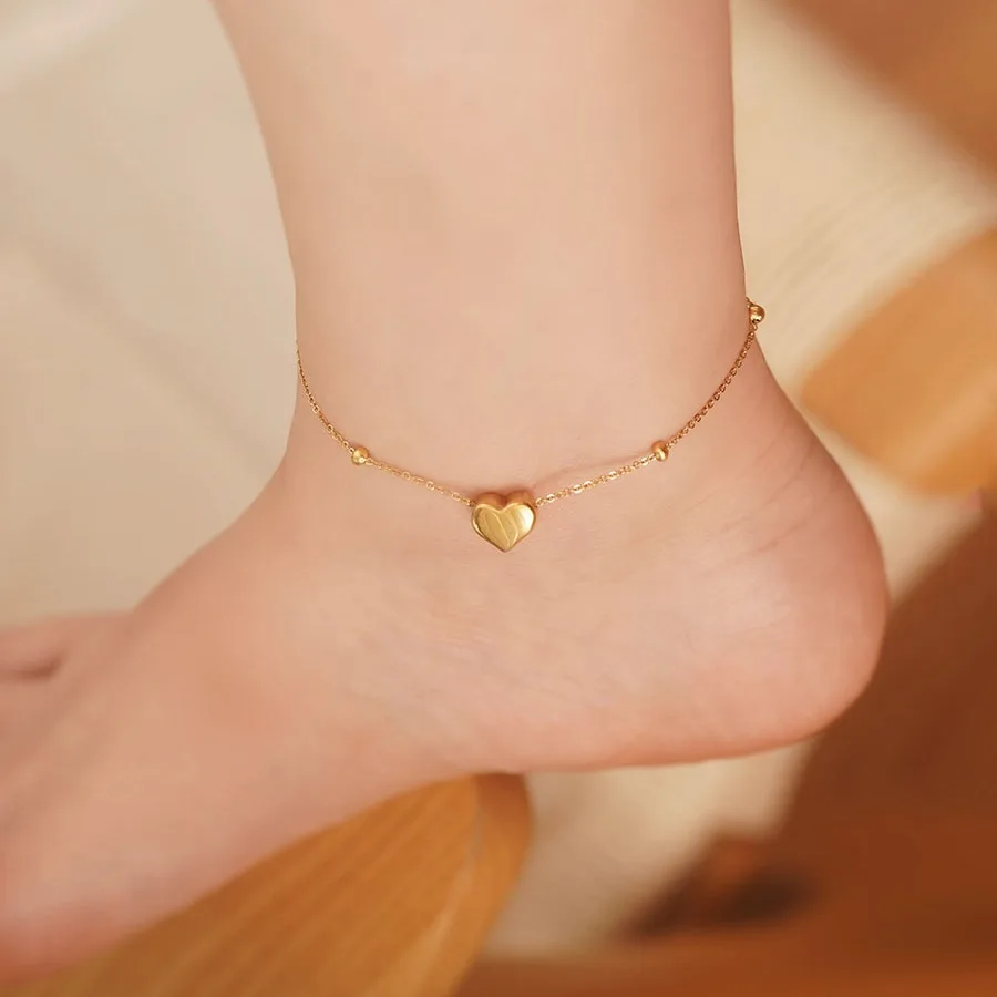 Waterproof Tarnish Resistant Trendy 18k Gold Plated Dainty Ball Bead Chain Heart Stainless Steel Anklets For Women