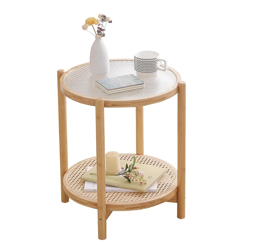 Rattan Nightstand Side Table Bamboo Accent Bedside Glass Coffee Tables Boho Wooden End Table with Storage