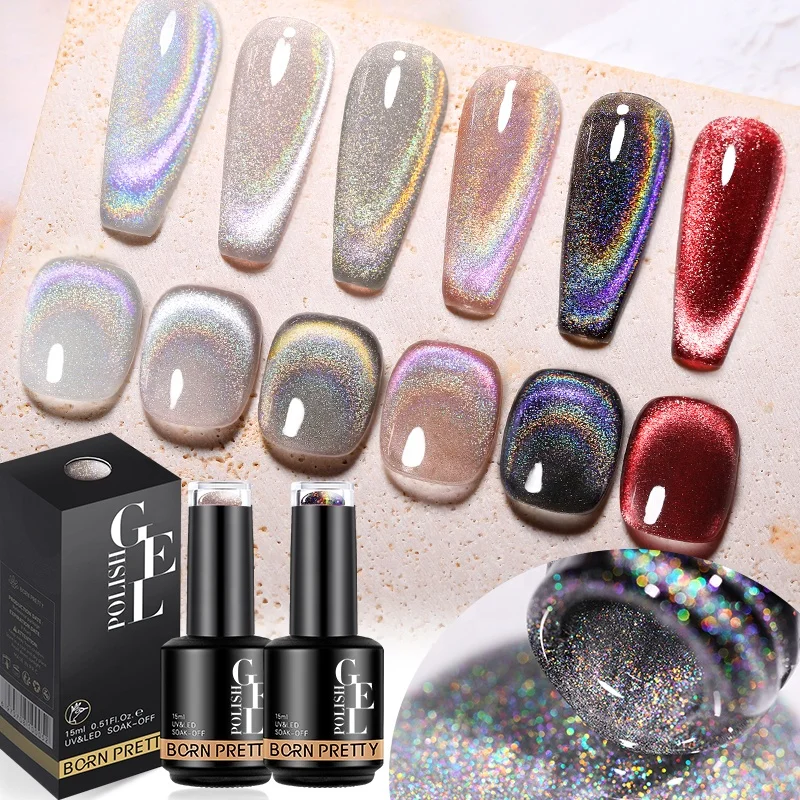 BORN PRETTY 15ml Rainbow Cat Magnetic Gel Polish Holographic Laser Black Cat Eyes Gel Soak Off UV Gel Varnish