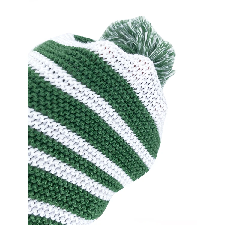 Изготовление на заказ, 100% перерабатываемый полиэстер, зеленый, белый цвет, полосатый теплый вязаный головной убор с помпоном