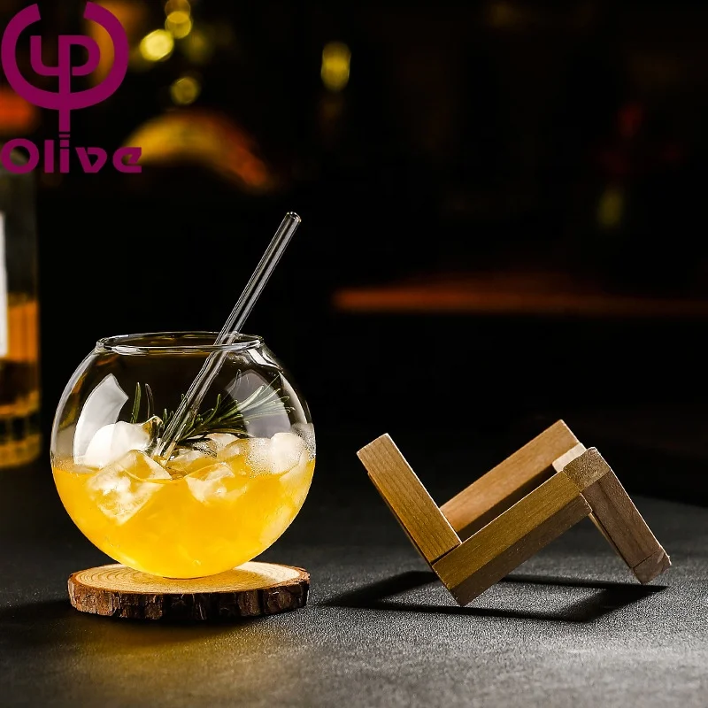 Custom Wedding Couple Bar Restaurant Hand Blown High Borosilicate Glass Wooden Stand Clear Round Orb Moon Verre Cocktail Glasses