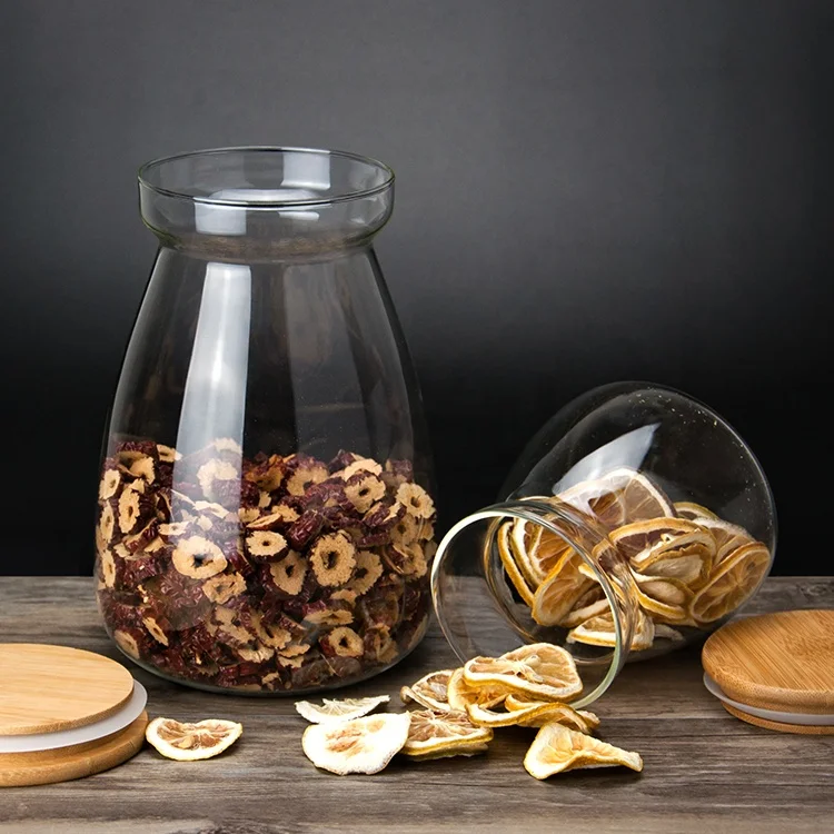 High quality borosilicate glass transparent T Shape glass jars with bamboo lid for spice