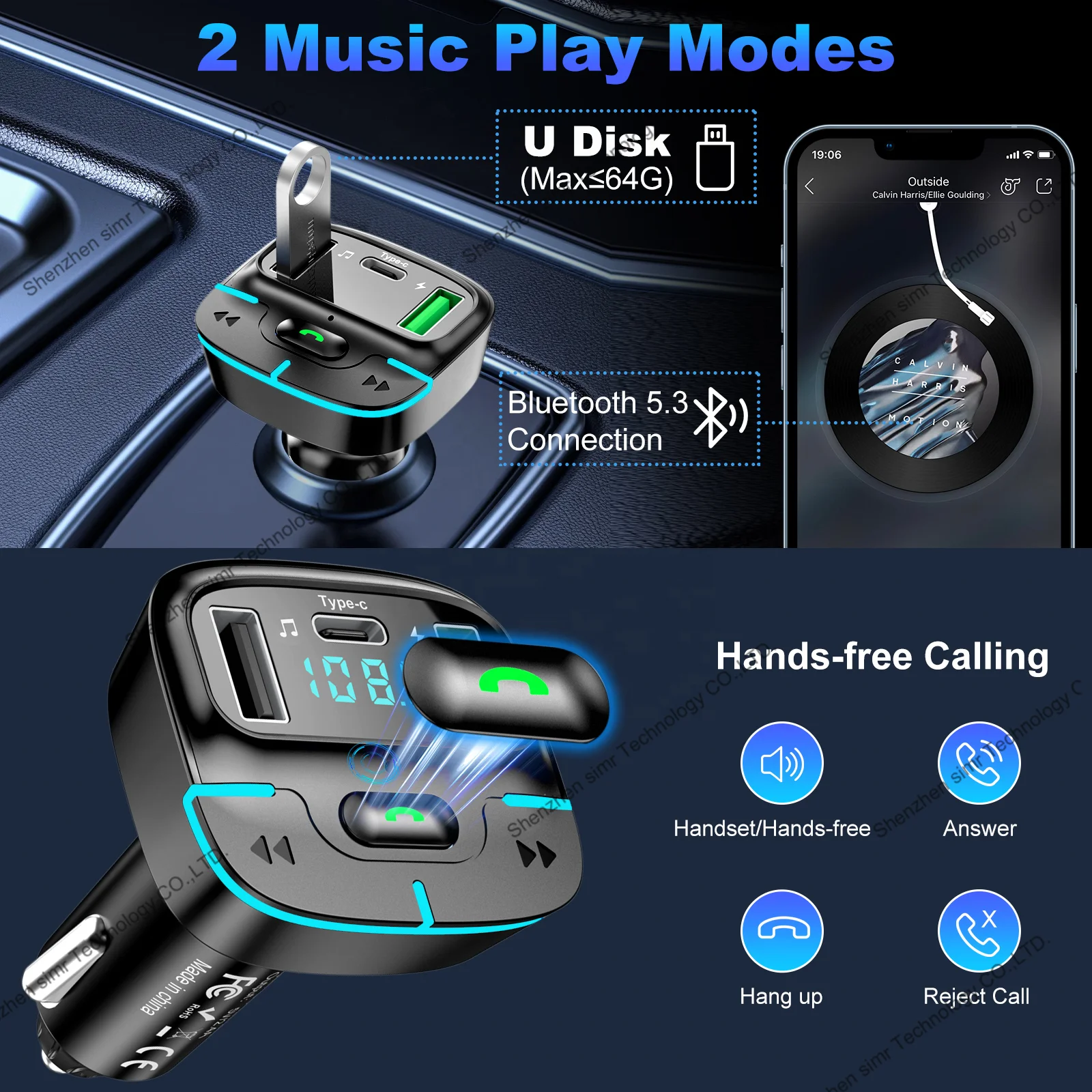 simr 20W Handsfree Bluetooth 5.3 Modulator Car Charger 2.4A Dual USB type C Adapter Car MP3 Player Wireless radio fm transmitter