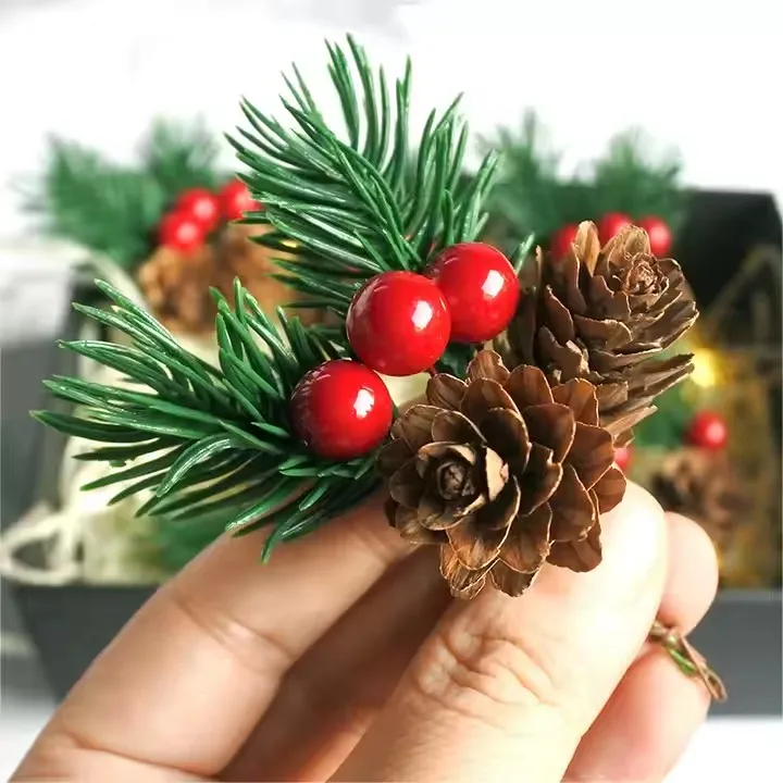 YUWEI Red Berry Pinecones Pine Needles Stems Artificial Winter Christmas Berries Picks Decor For Christmas