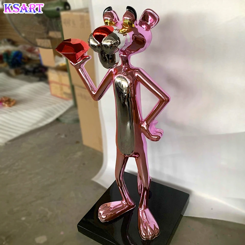 Pink leopard holding diamond fiberglass sculpture Hotel Gallery Exhibition Hall Cartoon Art Bar statue installation