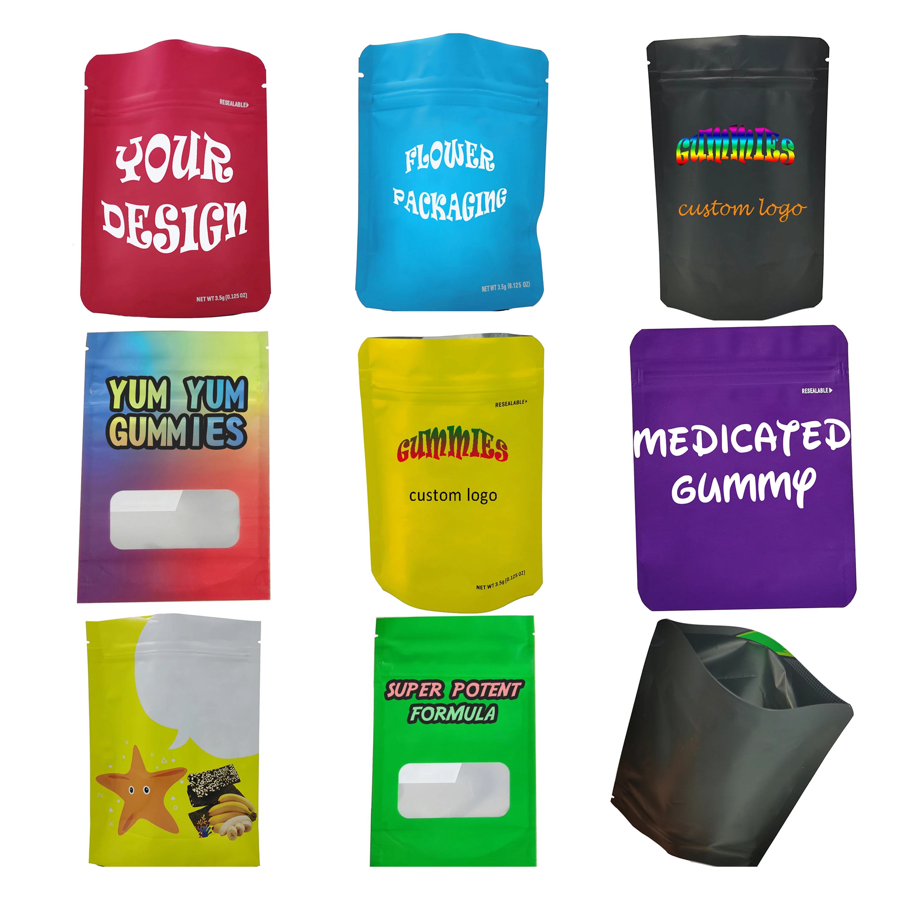 
Factory Direct OEM Ziplock Bags Zip Lock Hole Puncher Plastic Smell proof Black Custom White Oem Customized Pouch Gummy Candy 