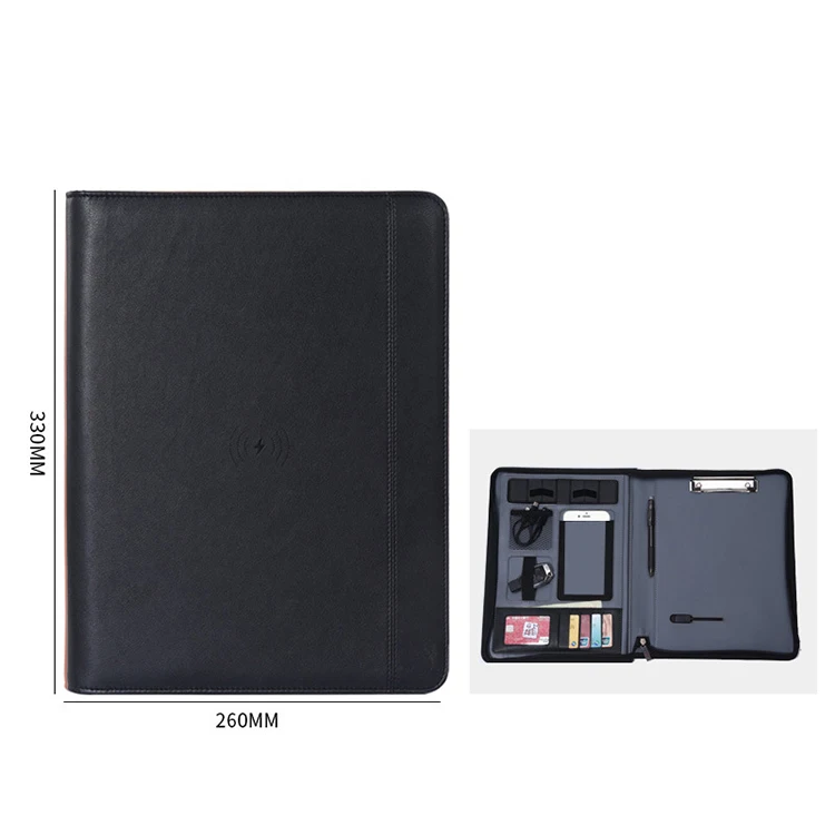 Customized Logo Business File Hardcover multi-functional wireless charge PU leather portfolio folder