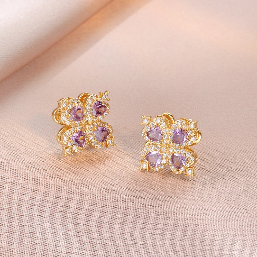 Collar De Acero Inoxidable 8K Gold Plated Stainless Steel Purple Zircon Flower Pendant Necklace Earring Bracelet Ring Jewelry