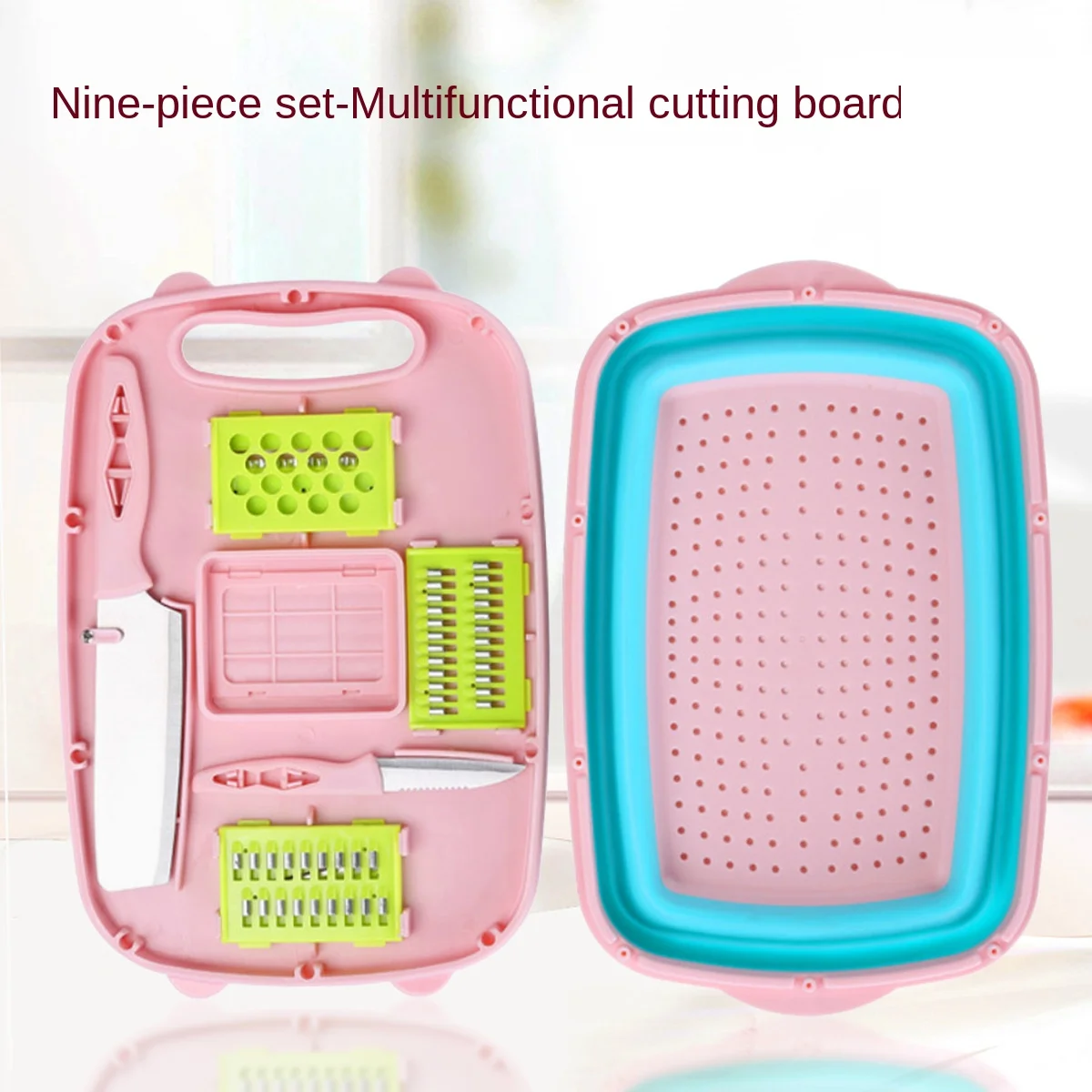 Nine-in-One Silicone Folding Cutting Board Set Square Pattern Collapsible Draining Basket Grater Potato Chopper Kitchen Cooking