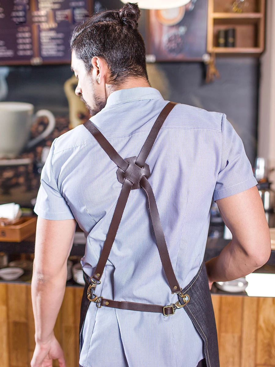 high quality bbq denim barber chef apron with genuine leather Straps