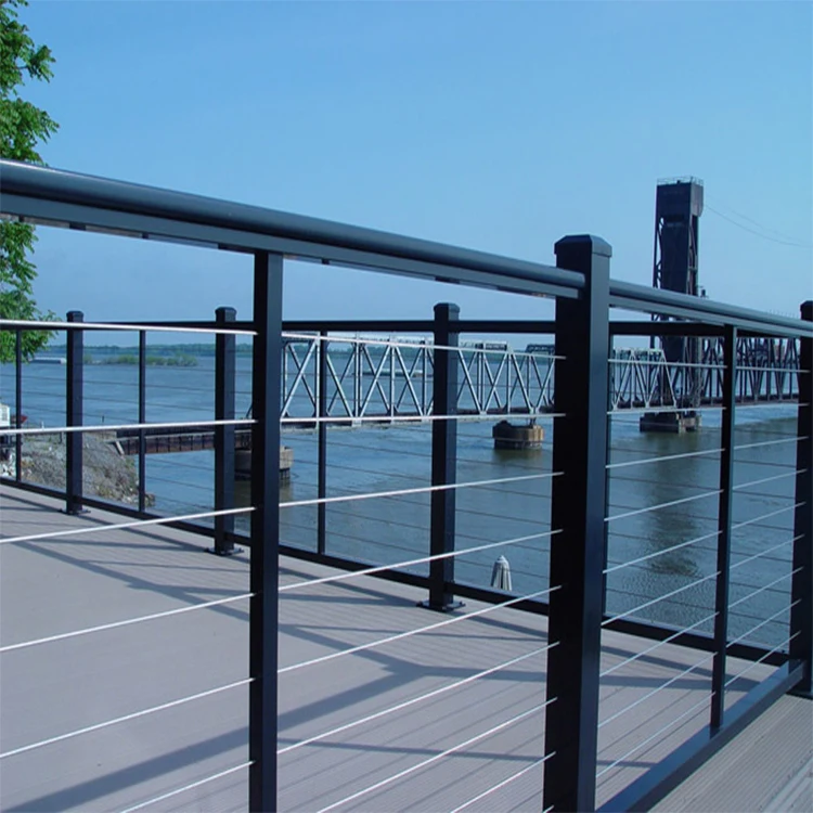 Steel cable wire railing  cable railing post with wood handrail