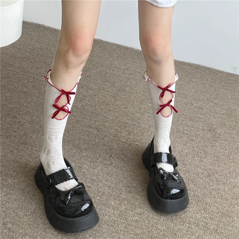 Japanese College Style Bow Knot Floral Pattern Medium Length Socks 9