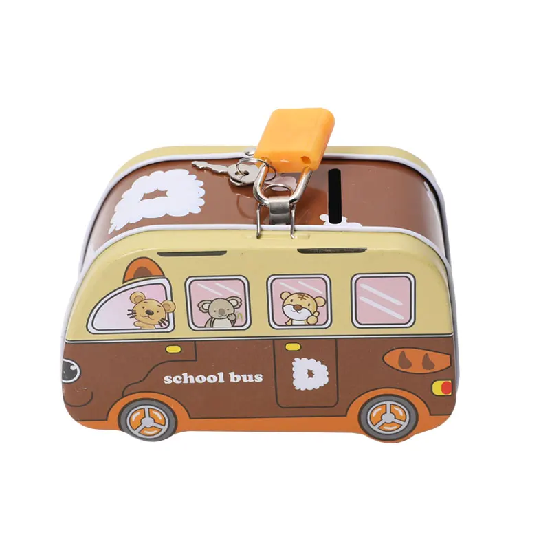 TOPSTHINK Metal bus large lid locked money box coin piggy bank for boys girls