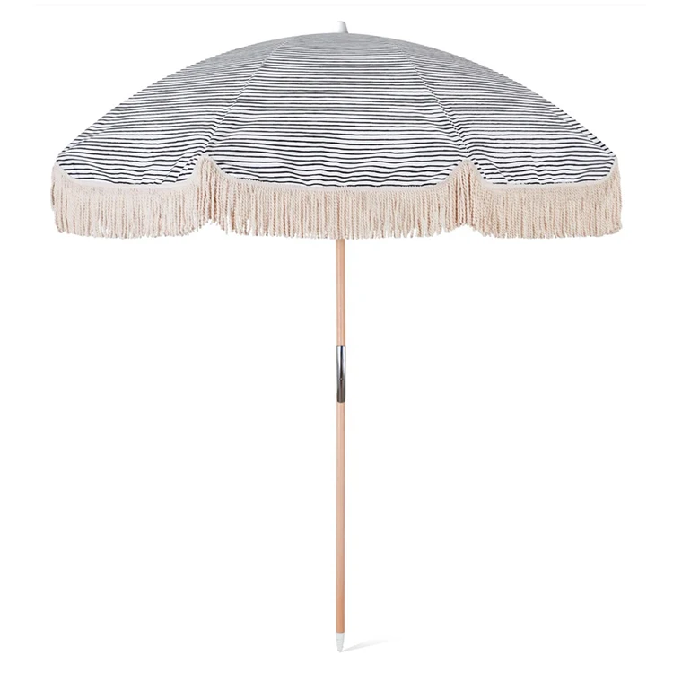 Sun Bohemian Vintage Wooden Beach Umbrella With Tassels Recycled Boho Beach Umbrella