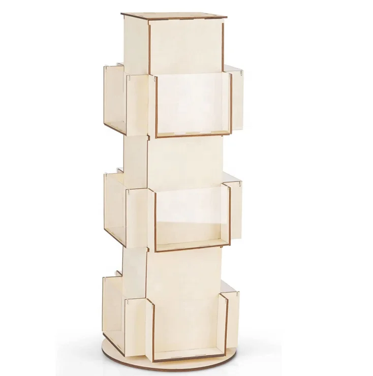 Wooden rotating greeting card display stand for greeting card supplier coffee bag 3-layer desktop display stand