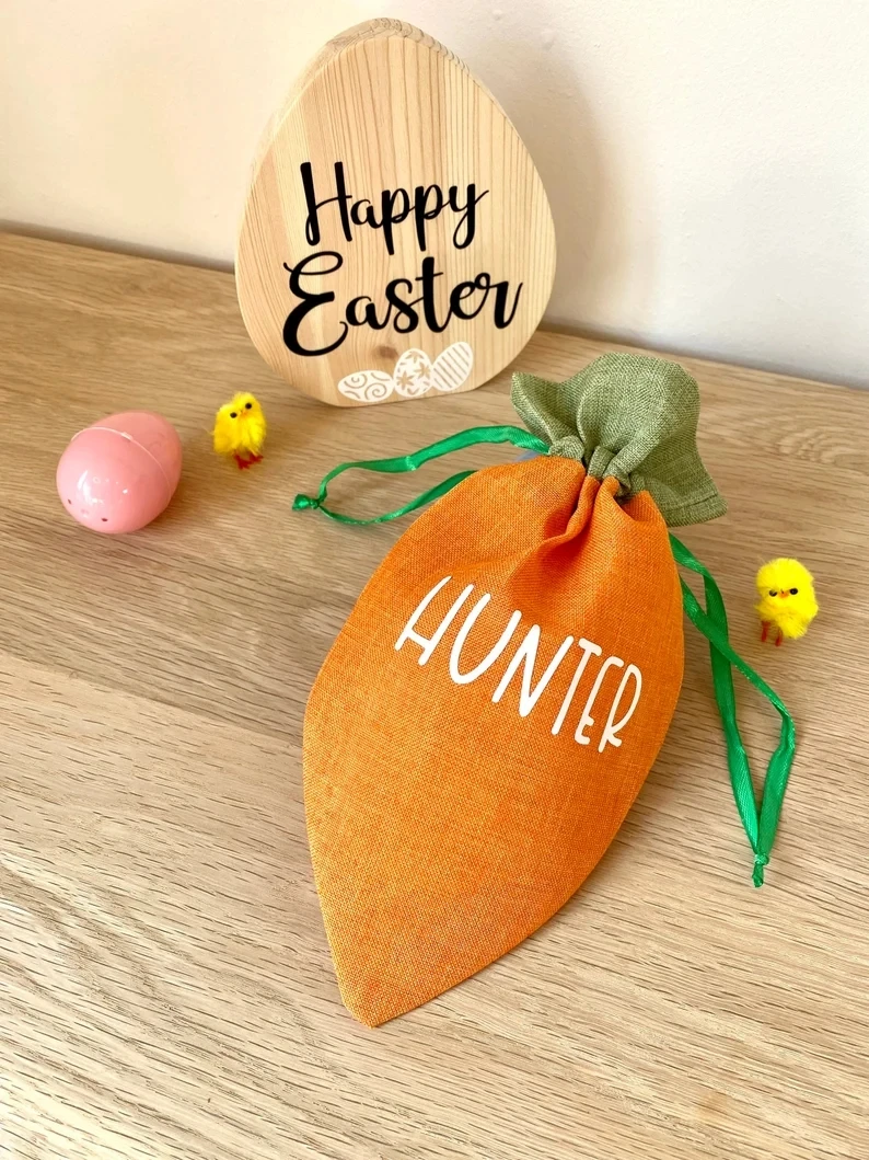 Blank Linen Carrot Easter Personalized Bag Kids Gift Storage Drawstring Vinyl Sublimation Easter Basket Decor Candy Egg Gift Bag