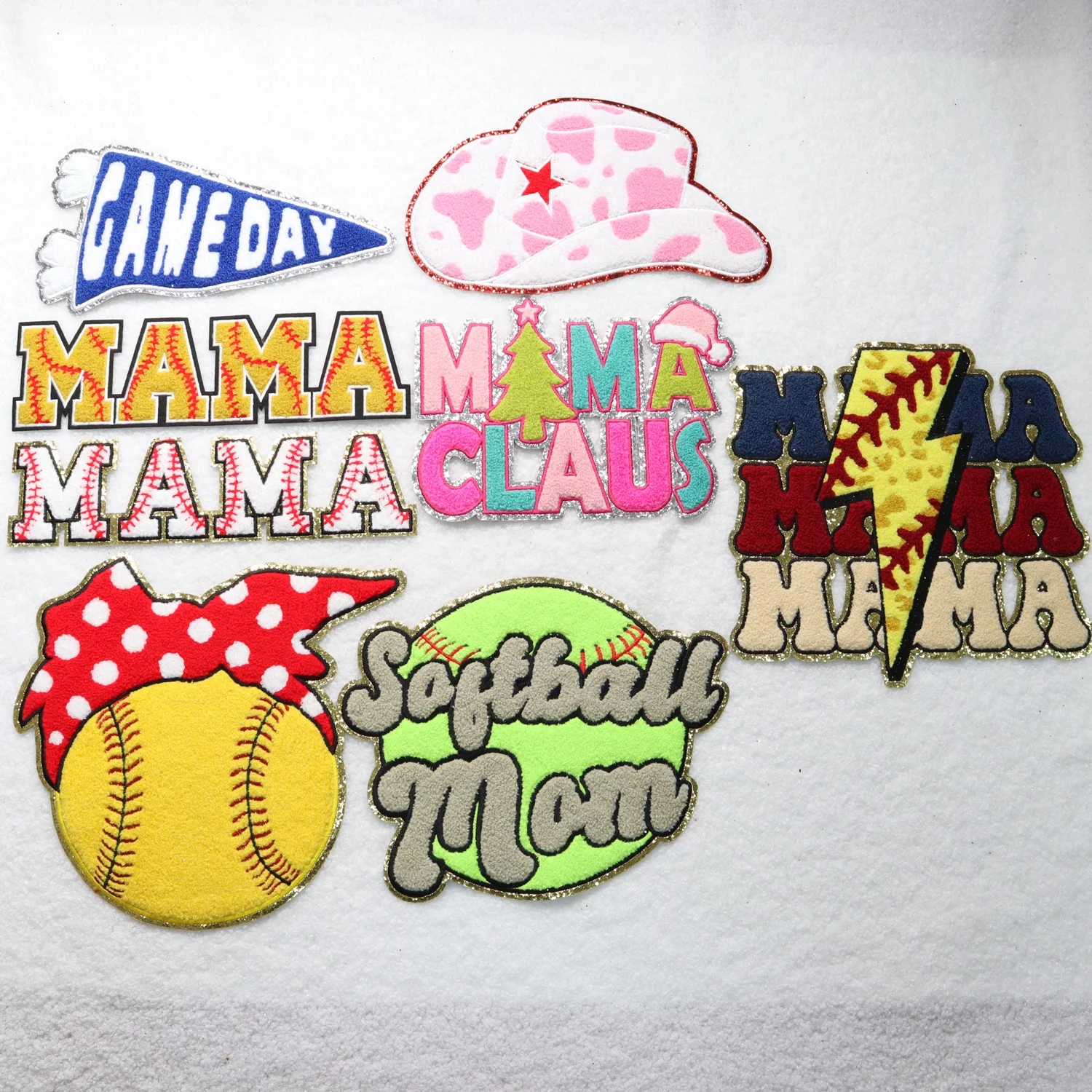 Wholesale Embroidery Mama And Easter Logo Laser Cut Sports Ball Chenille Patch Holiday Iron On Garment Patches