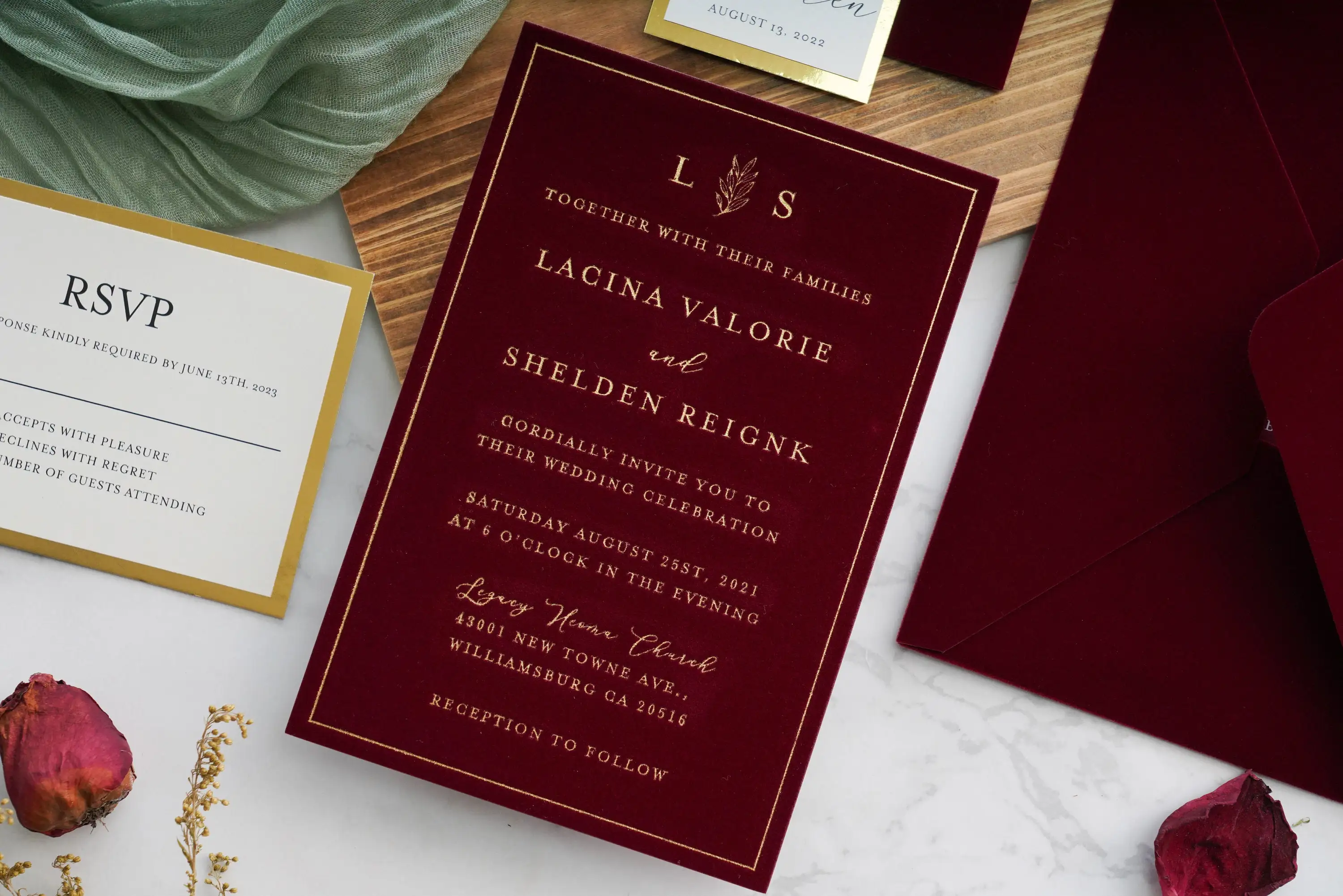 Velvet Wedding Invitation Cards Burgundy Velvet Envelope Gold Foil Print Velvet Wedding Invitation Cards