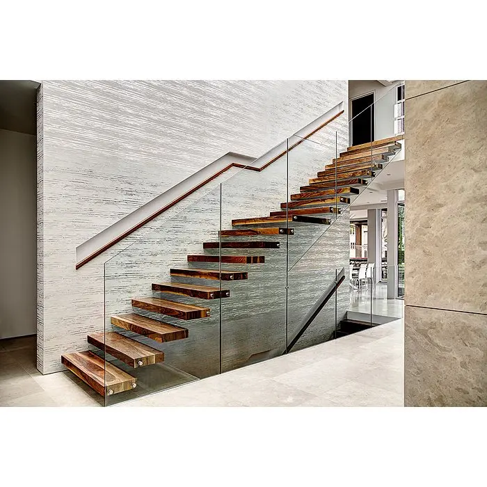ACE Modern Floating Glass Railing Wooden Treads Staircase For Interior From Foshan Factory