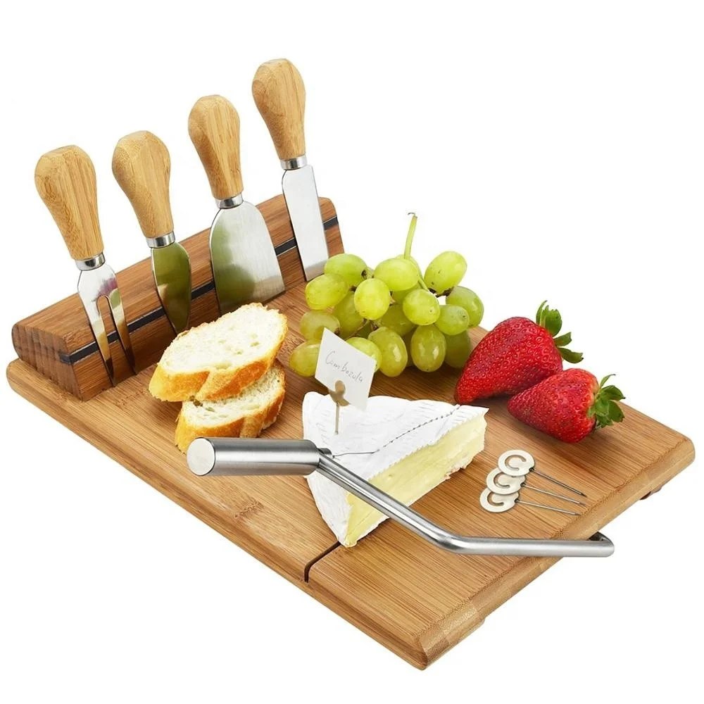 Bamboo Cheese Board Set with Wire Cheese Slicer and 4 Piece Stainless Steel Cheese Knife