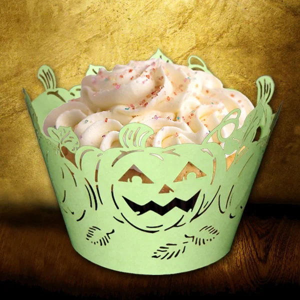 DIY Hollow out Halloween Lace Pumpkin Face Cupcake Wrappers and Toppers Lace Liner Baking Cake Paper Cup Wraps for Halloween Par