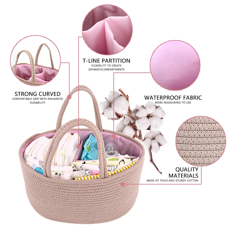 Low MOQ Detachable Colorful Cotton Rope Mommy Nappy Organizer Bin Bag Diaper Storage Caddy with Handle for Home Car or Stroll