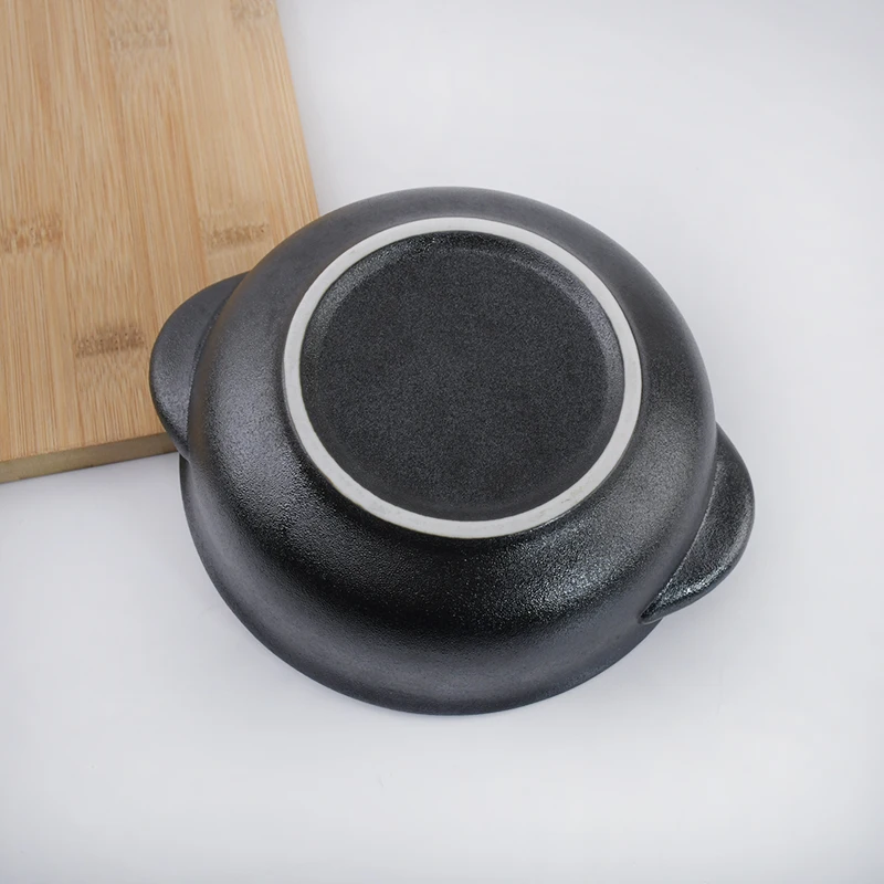 High Quality Ceramic Double Ears Cute Instant Noodle Soup Salad Bowl corn soup container with two handle black