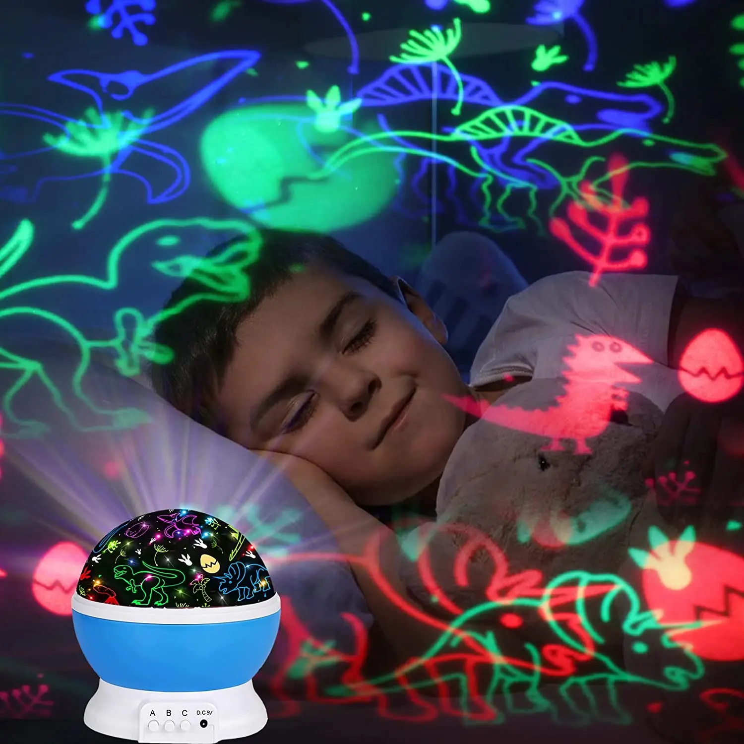 360 Degree Rotation Kids Night Light Dinosaur and Cars Projector, 4 LED Bulbs 9 Light Color Changing with USB Cable